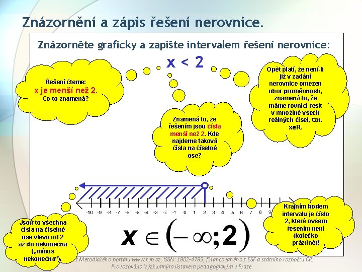 Znázornění a zápis řešení nerovnice. Znázorněte graficky a zapište intervalem řešení nerovnice: x<2 Řešení