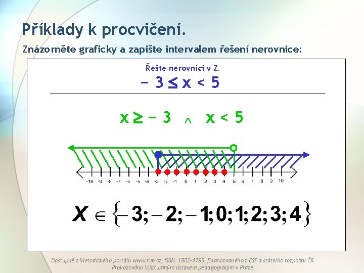 Příklady k procvičení. Znázorněte graficky a zapište intervalem řešení nerovnice: Řešte nerovnici v Z.