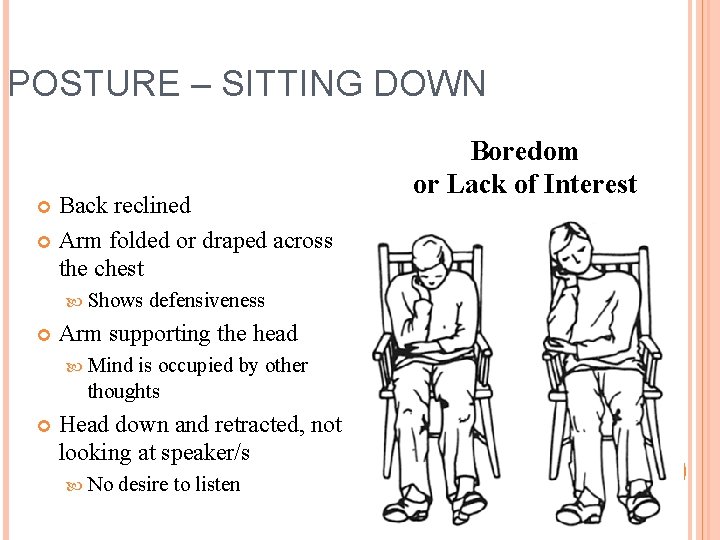 POSTURE – SITTING DOWN Back reclined Arm folded or draped across the chest Shows