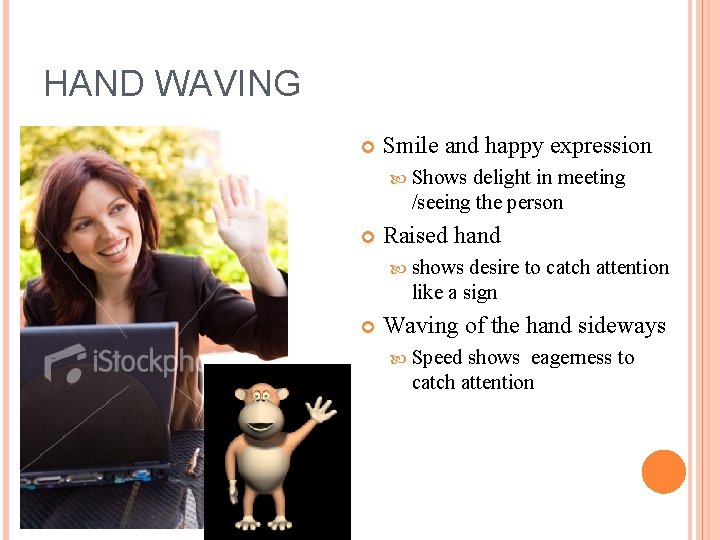HAND WAVING Smile and happy expression Shows delight in meeting /seeing the person Raised