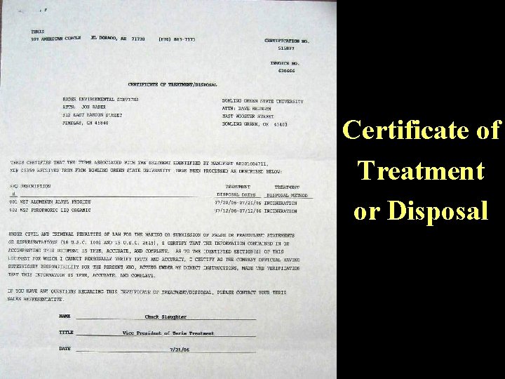 Certificate of Treatment or Disposal 