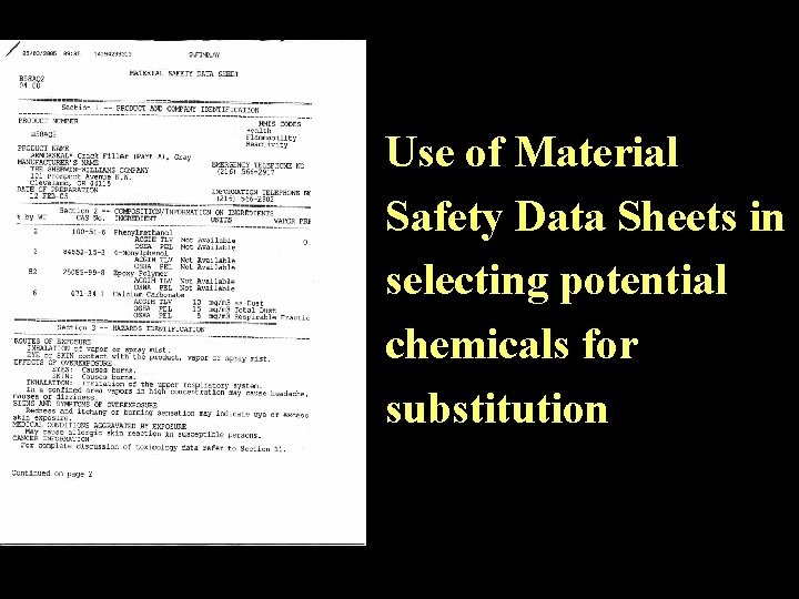 Use of Material Safety Data Sheets in selecting potential chemicals for substitution 