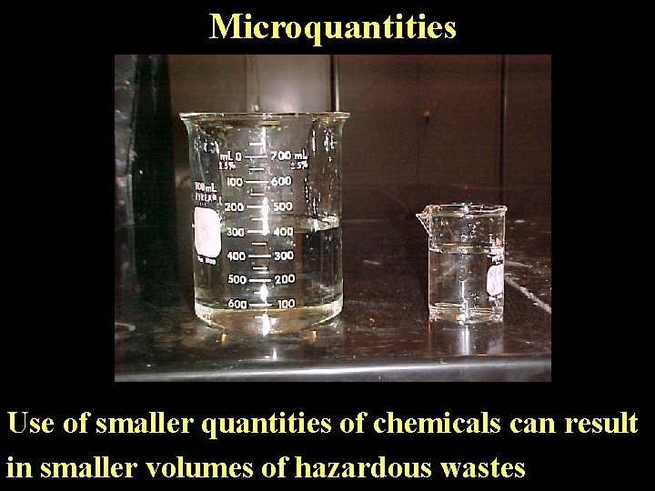 Microquantities Use of smaller quantities of chemicals can result in smaller volumes of hazardous