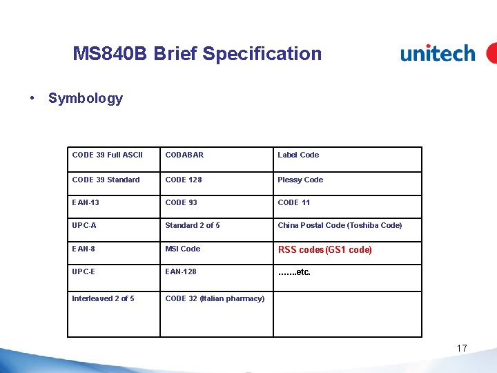 MS 840 B Brief Specification • Symbology CODE 39 Full ASCII CODABAR Label Code