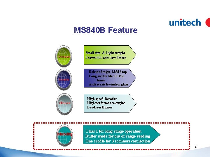 MS 840 B Feature Compact Durable Efficient Mobility Small size & Light weight Ergonomic