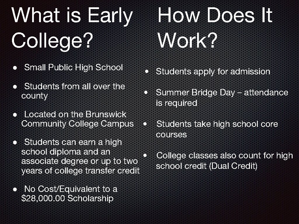 What is Early College? ● Small Public High School ● Students from all over