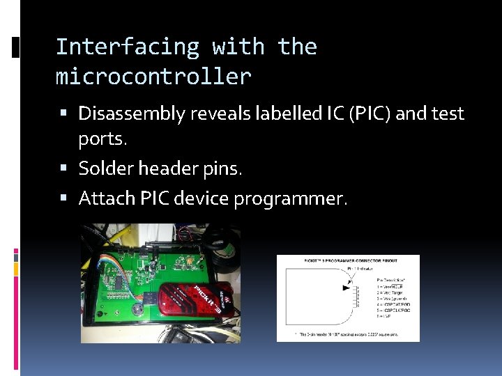 Interfacing with the microcontroller Disassembly reveals labelled IC (PIC) and test ports. Solder header