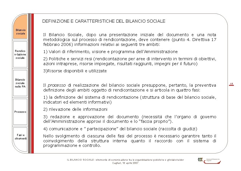 DEFINIZIONE E CARATTERISTICHE DEL BILANCIO SOCIALE Bilancio sociale Rendico n-tazione sociale Il Bilancio Sociale,