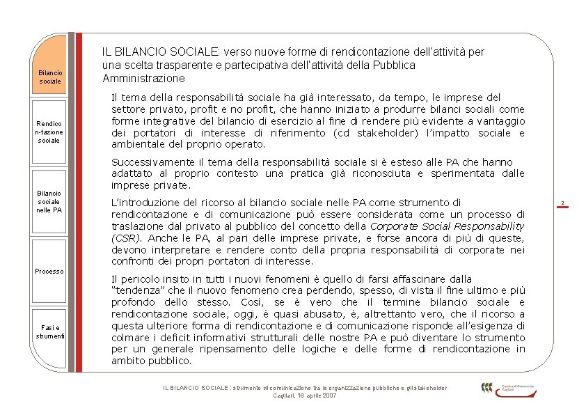 Bilancio sociale Rendico n-tazione sociale Bilancio sociale nelle PA Processo Fasi e strumenti IL