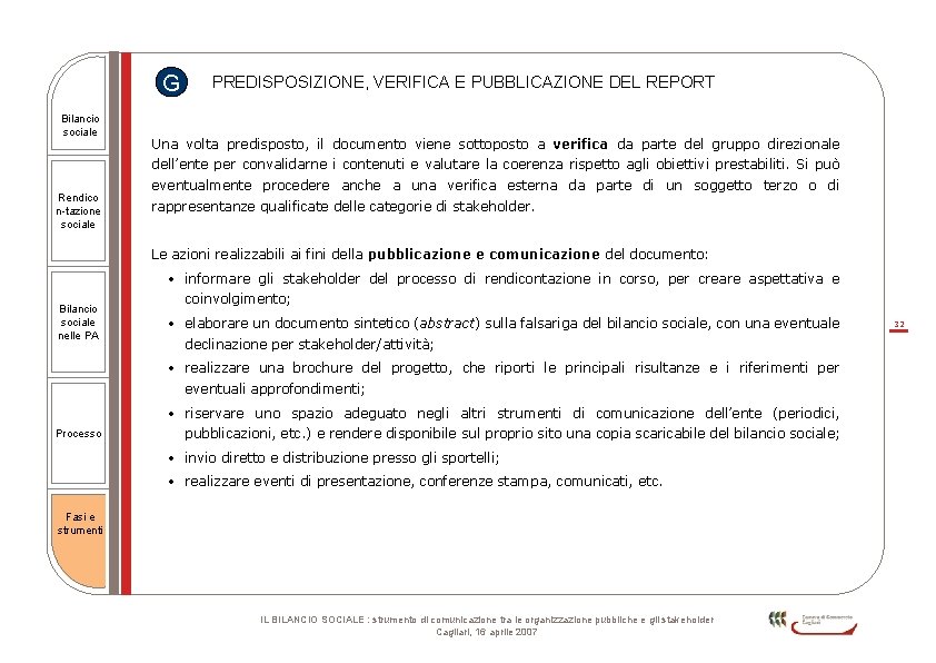 G Bilancio sociale PREDISPOSIZIONE, VERIFICA E PUBBLICAZIONE DEL REPORT Una volta predisposto, il documento