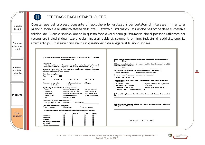 H Bilancio sociale FEEDBACK DAGLI STAKEHOLDER Questa fase del processo consente di raccogliere le