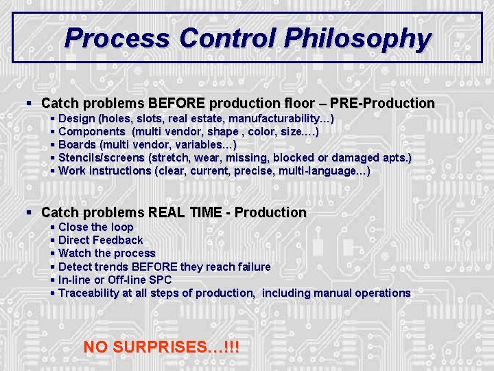 Process Control Philosophy § Catch problems BEFORE production floor – PRE-Production § Design (holes,