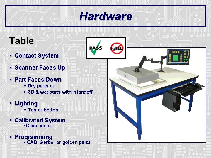 Hardware Table § Contact System § Scanner Faces Up § Part Faces Down §