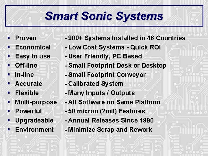 Smart Sonic Systems § § § Proven Economical Easy to use Off-line In-line Accurate