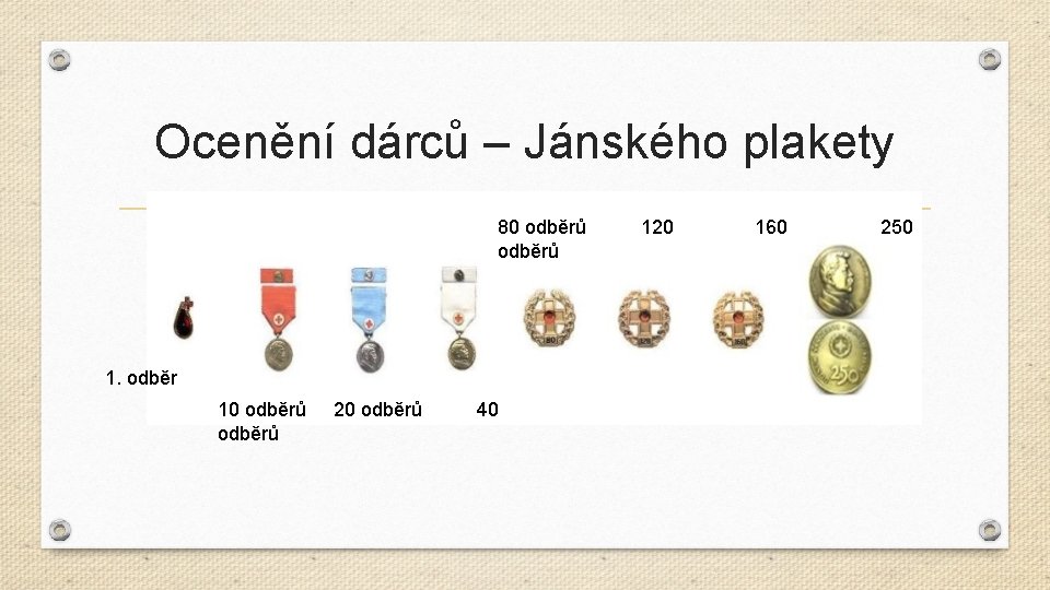 Ocenění dárců – Jánského plakety 80 odběrů 1. odběr 10 odběrů 20 odběrů 40