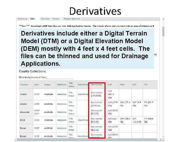 Derivatives include either a Digital Terrain Model (DTM) or a Digital Elevation Model (DEM) Derivatives include either a Digital Terrain Model (DTM) or a Digital Elevation Model (DEM)