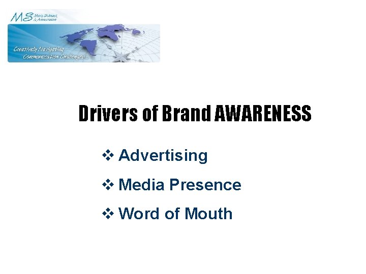Drivers of Brand AWARENESS v Advertising v Media Presence v Word of Mouth 