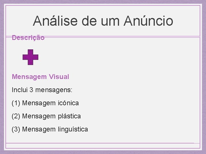 Análise de um Anúncio Descrição Mensagem Visual Inclui 3 mensagens: (1) Mensagem icónica (2)