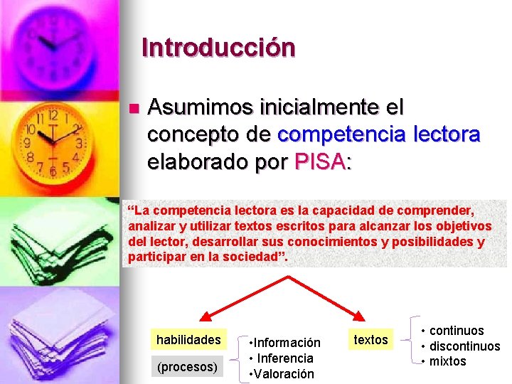 Introducción n Asumimos inicialmente el concepto de competencia lectora elaborado por PISA: “La competencia