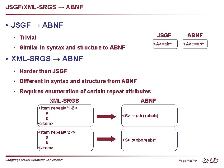 JSGF/XML-SRGS → ABNF • JSGF → ABNF JSGF ABNF <A>=ab*; <A>: : =ab* •