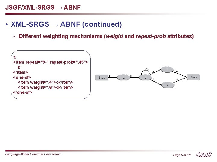 JSGF/XML-SRGS → ABNF • XML-SRGS → ABNF (continued) • Different weighting mechanisms (weight and