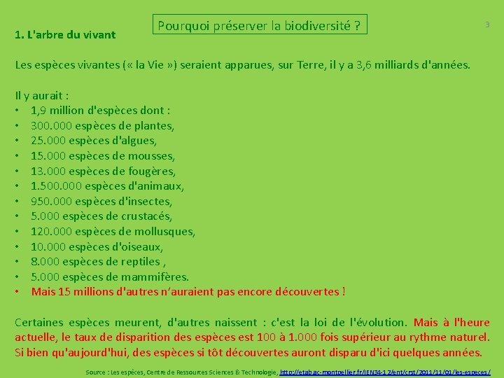 1. L'arbre du vivant Pourquoi préserver la biodiversité ? 3 Les espèces vivantes (