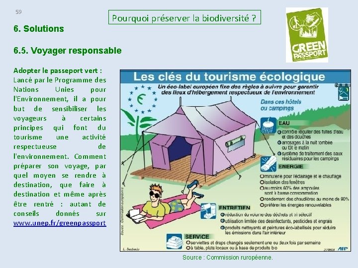 59 6. Solutions Pourquoi préserver la biodiversité ? 6. 5. Voyager responsable Adopter le