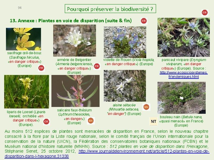 94 Pourquoi préserver la biodiversité ? 13. Annexe : Plantes en voie de disparition