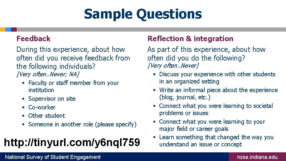 Sample Questions Feedback During this experience, about how often did you receive feedback from