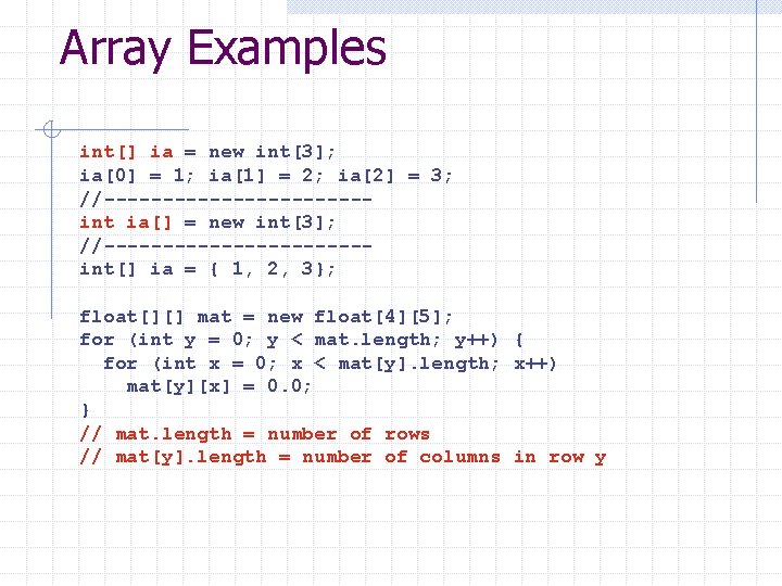 Array Examples int[] ia = new int[3]; ia[0] = 1; ia[1] = 2; ia[2]