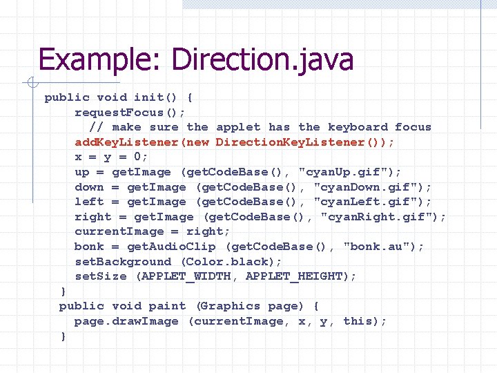 Example: Direction. java public void init() { request. Focus(); // make sure the applet Example: Direction. java public void init() { request. Focus(); // make sure the applet