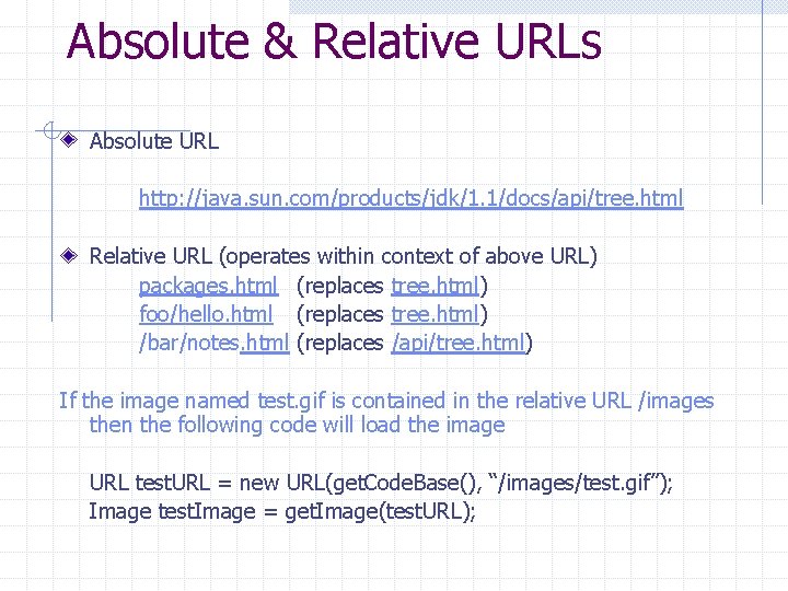 Absolute & Relative URLs Absolute URL http: //java. sun. com/products/jdk/1. 1/docs/api/tree. html Relative URL