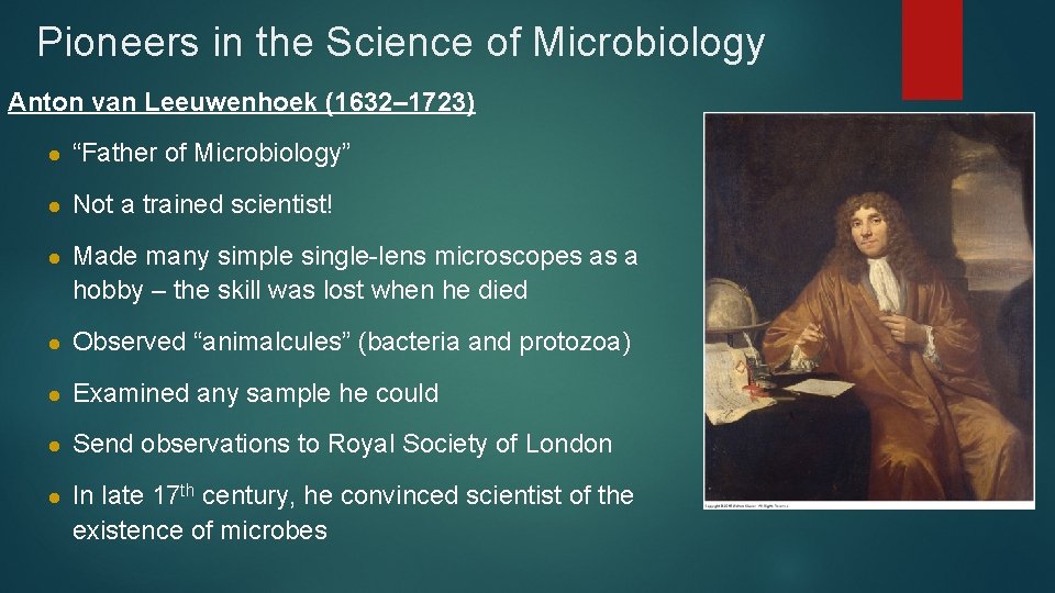 Pioneers in the Science of Microbiology Anton van Leeuwenhoek (1632– 1723) ● “Father of