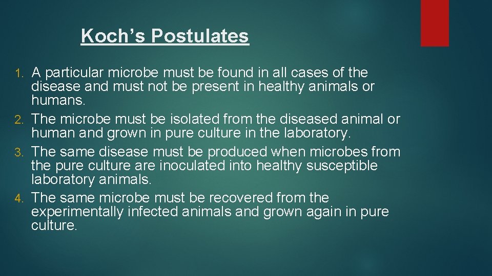 Koch’s Postulates A particular microbe must be found in all cases of the disease