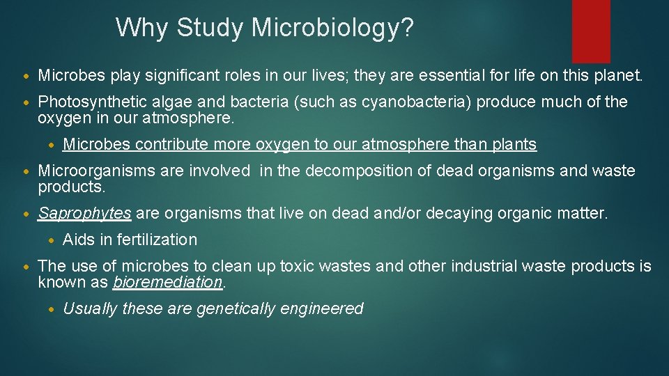 Why Study Microbiology? • Microbes play significant roles in our lives; they are essential