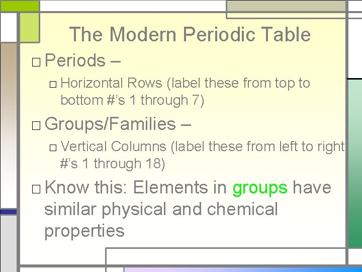 The Modern Periodic Table □ Periods – □ Horizontal Rows (label these from top