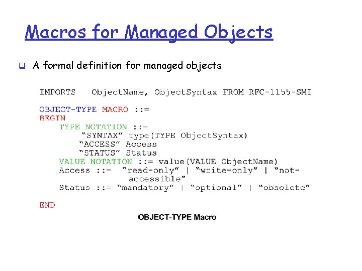 Macros for Managed Objects q A formal definition for managed objects 