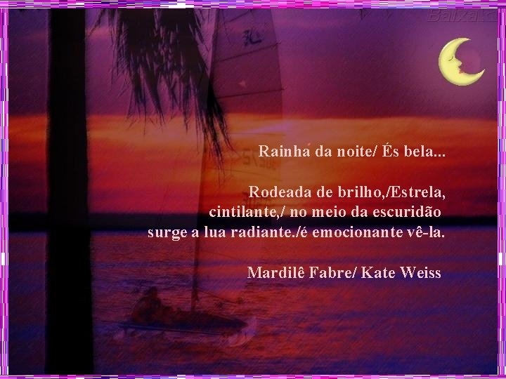 Rainha da noite/ És bela. . . Rodeada de brilho, /Estrela, cintilante, / no