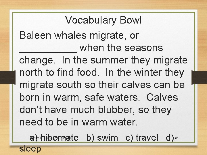 Vocabulary Bowl Baleen whales migrate, or _____ when the seasons change. In the summer