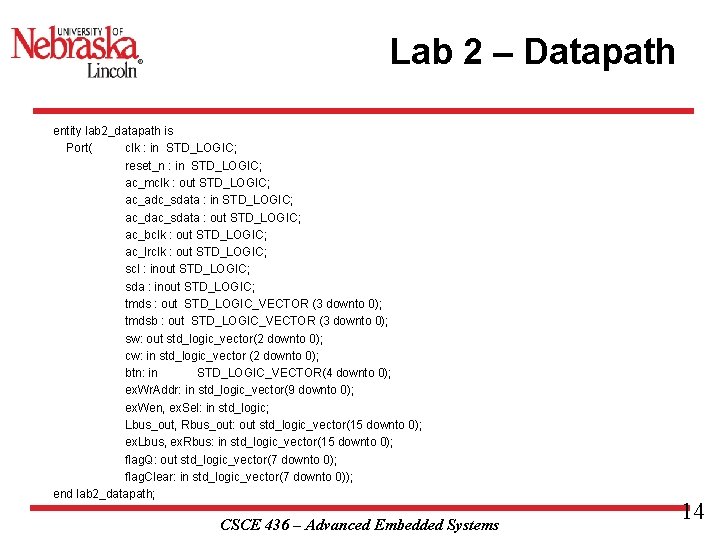 Lab 2 – Datapath entity lab 2_datapath is Port( clk : in STD_LOGIC; reset_n