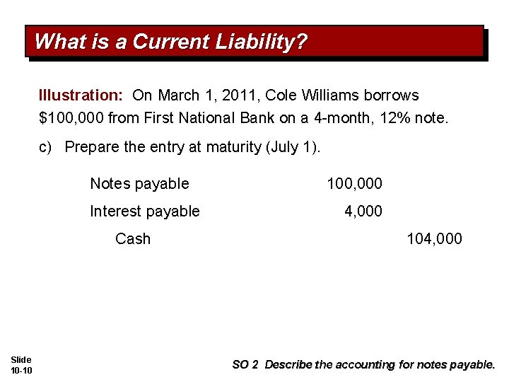 What is a Current Liability? Illustration: On March 1, 2011, Cole Williams borrows $100,