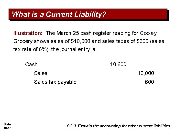 What is a Current Liability? Illustration: The March 25 cash register reading for Cooley