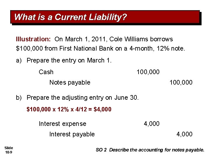 What is a Current Liability? Illustration: On March 1, 2011, Cole Williams borrows $100,