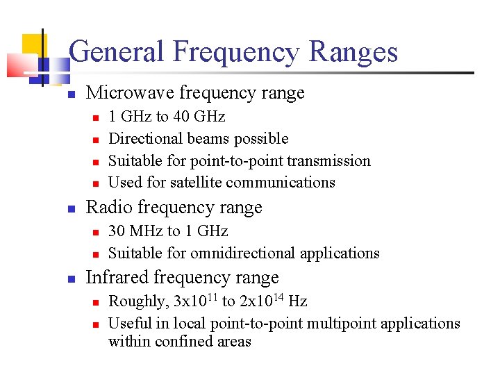 General Frequency Ranges Microwave frequency range Radio frequency range 1 GHz to 40 GHz