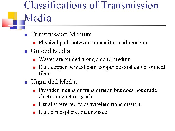 Classifications of Transmission Media Transmission Medium Guided Media Physical path between transmitter and receiver