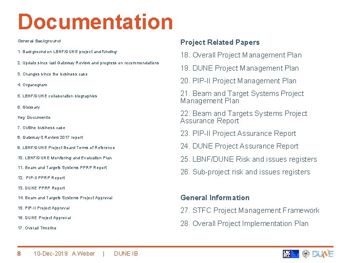 Documentation General Background Project Related Papers 1. Background on LBNF/DUNE project and funding 18.