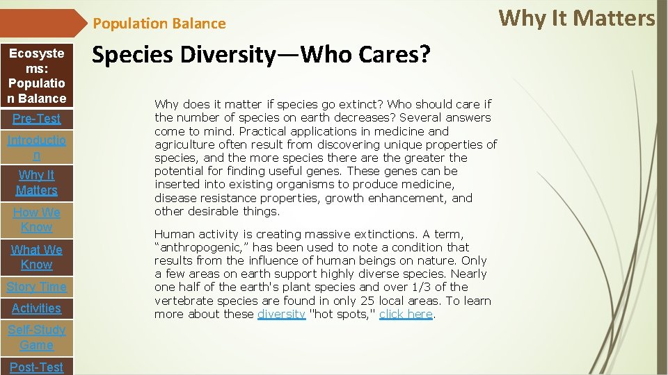 Population Balance Ecosyste ms: Populatio n Balance Pre-Test Introductio n Why It Matters How