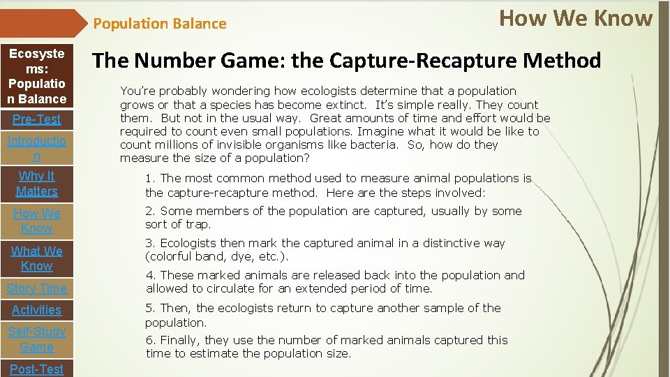 Population Balance Ecosyste ms: Populatio n Balance How We Know The Number Game: the