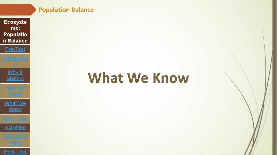 Population Balance Ecosyste ms: Populatio n Balance Pre-Test Introductio n Why It Matters How