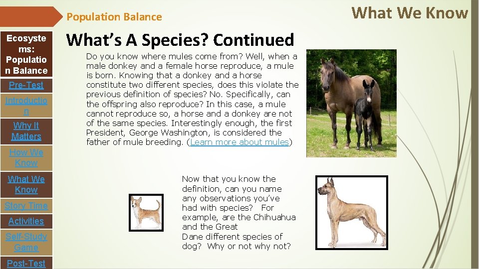 What We Know Population Balance Ecosyste ms: Populatio n Balance Pre-Test Introductio n Why